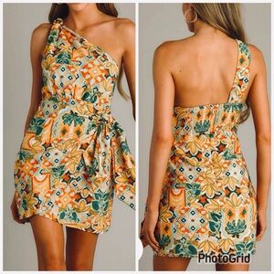 One-Shoulder Caribbean Wrap & Knotted Tropical Dress  Small